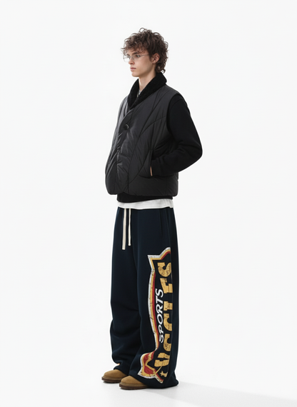 Street Letter Print Fleece-Lined Wide-Leg Sweatpants 