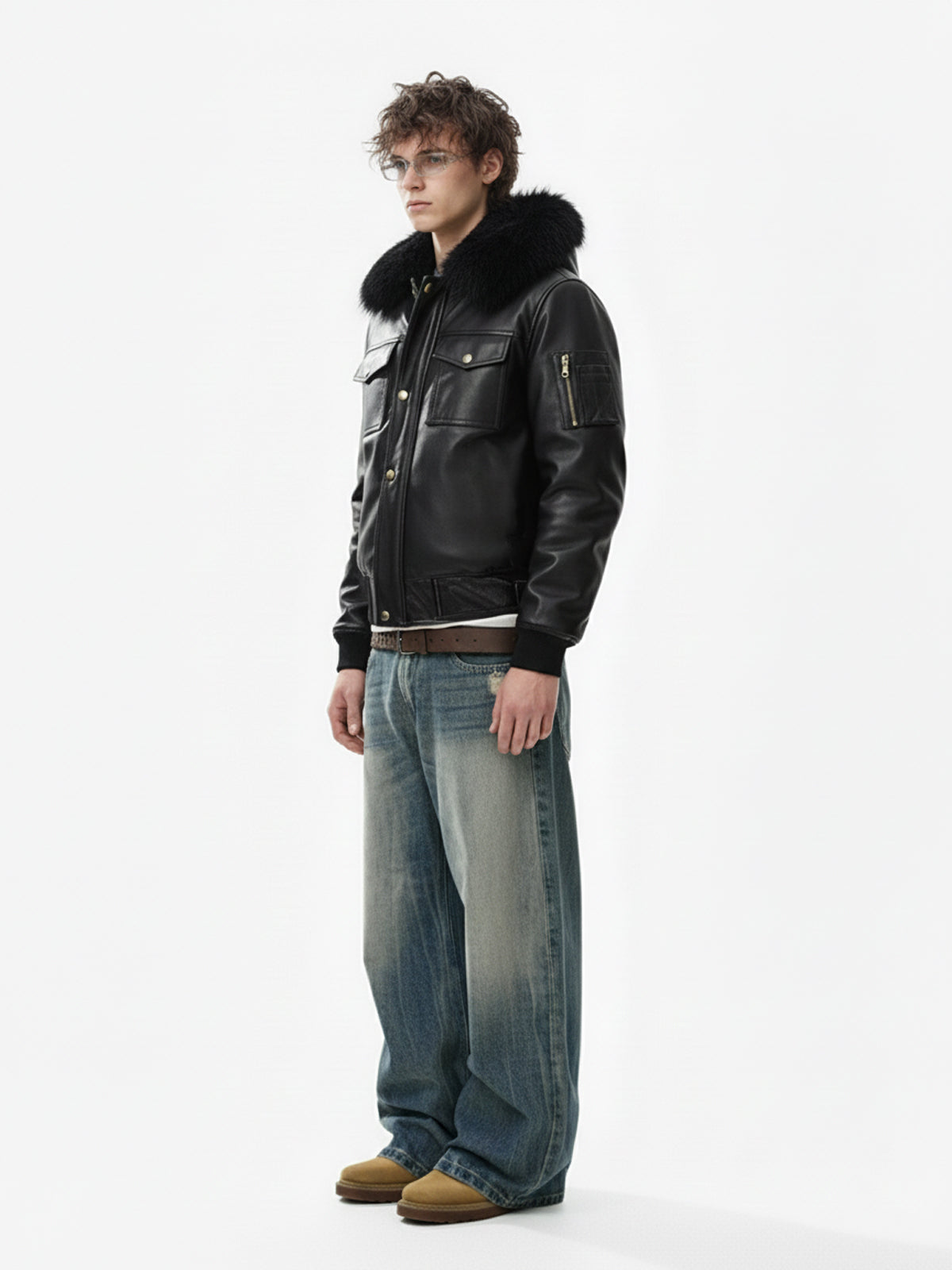 Retro Detachable Fur Collar PU Multi-Pocket Bomber Jacket 