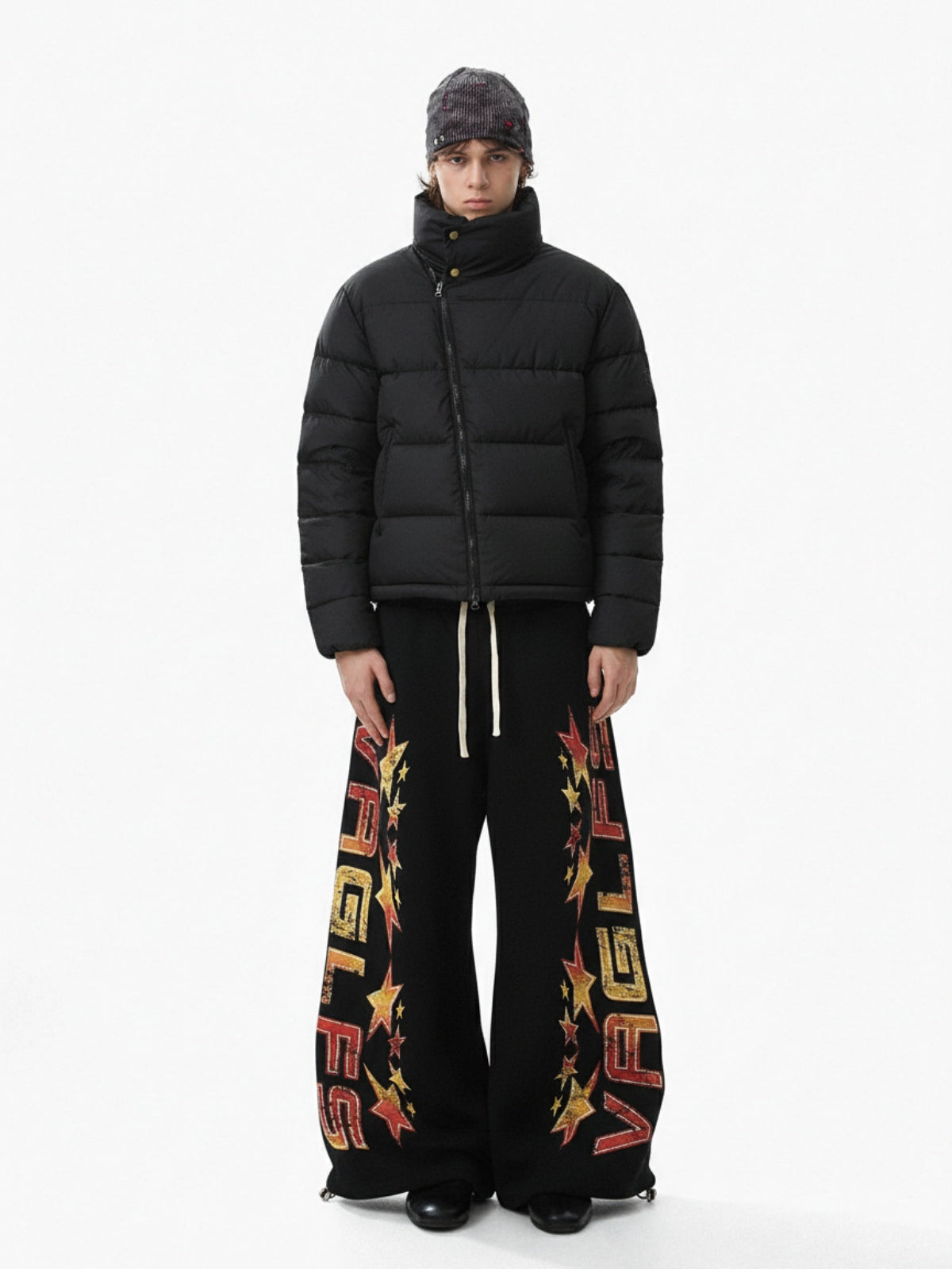 Retro Contrast Letter Star Print Fleece-Lined Sweatpants 