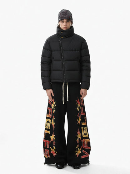 Retro Contrast Letter Star Print Fleece-Lined Sweatpants 