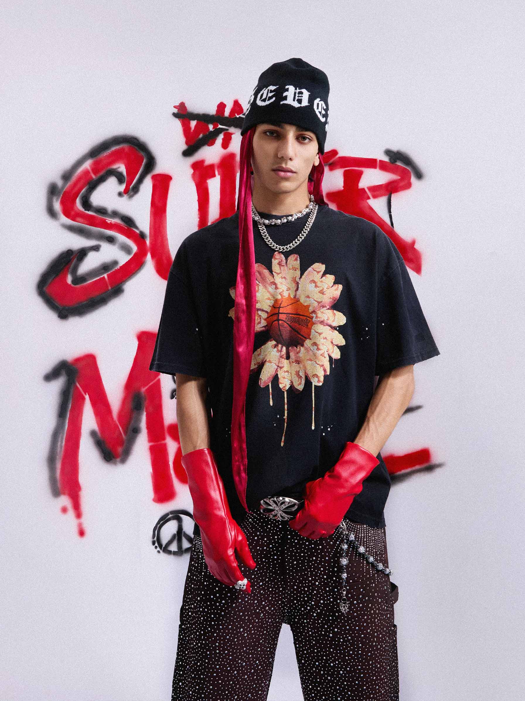 Supermade Floral Basketball Ink Splatter Graphic T-Shirt 