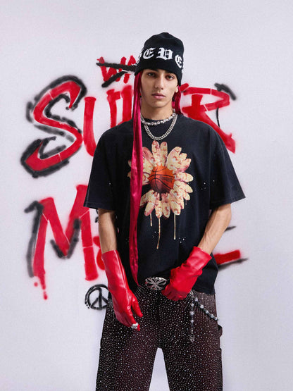 Supermade Floral Basketball Ink Splatter Graphic T-Shirt 