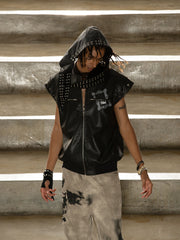 Thorn Destruction Frame Pattern Leather Vest 