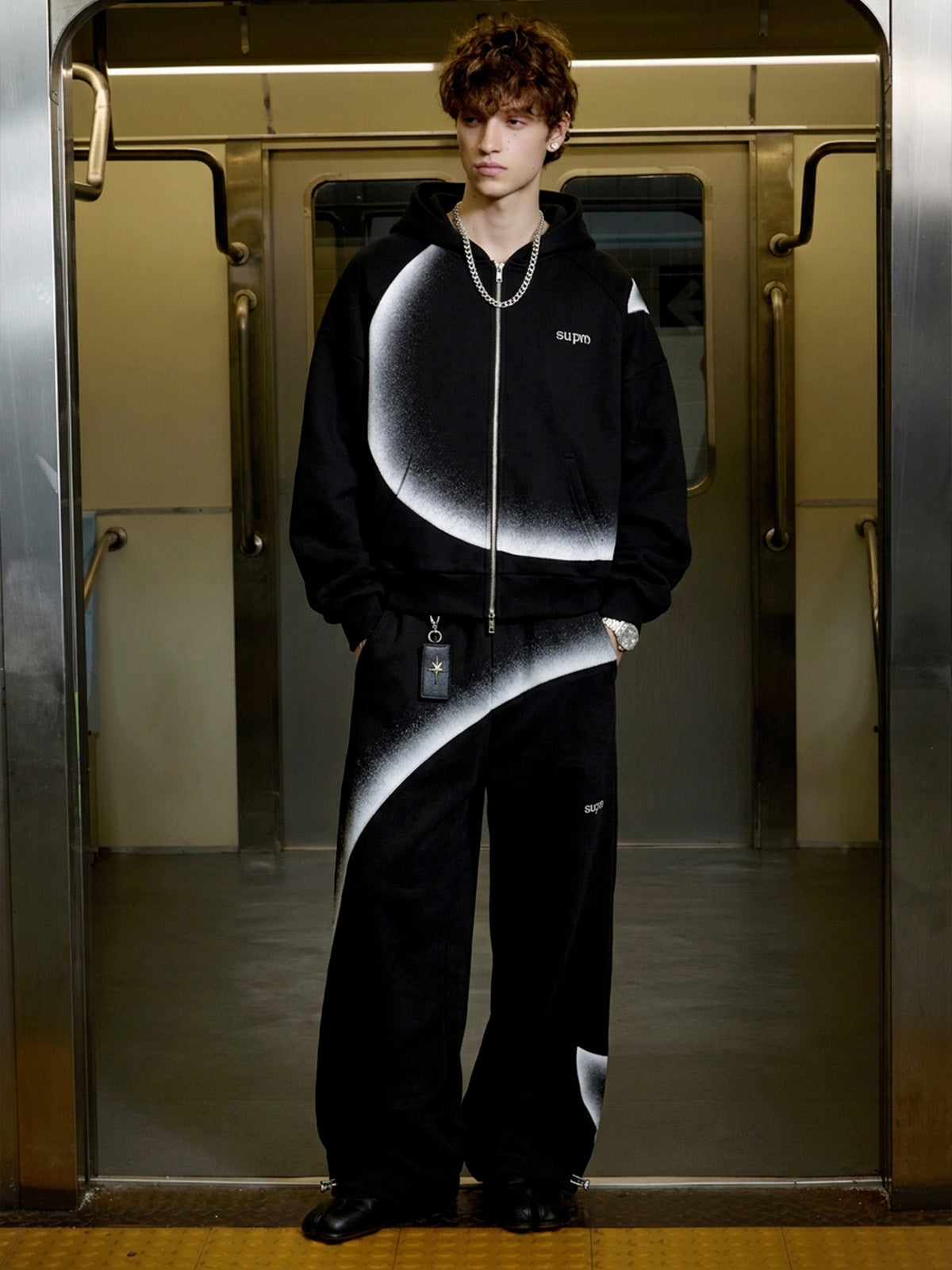 Curved Stripe Zip Hoodie & Wide-Leg Sweatpants Set