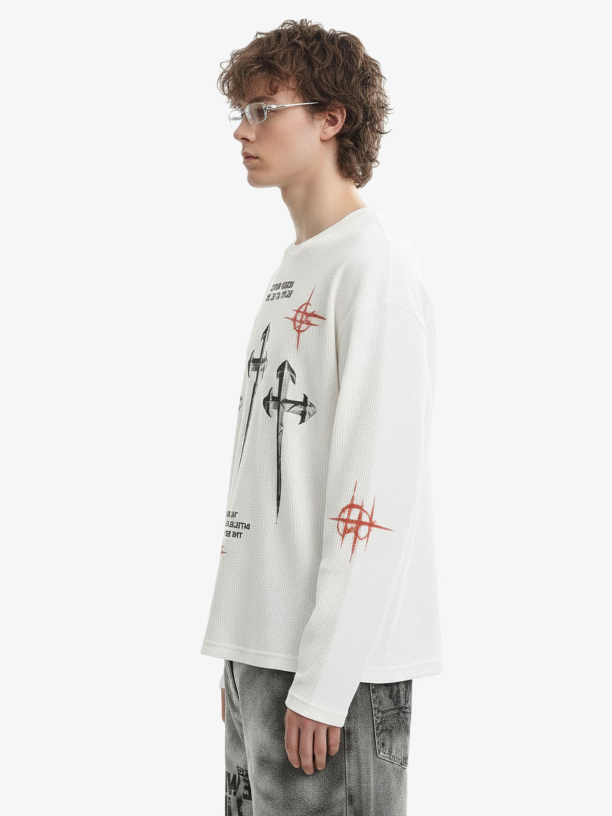 Letter Print Waffle Cross Long-Sleeved T-Shirt 