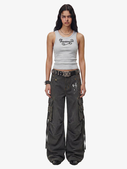 Washed Safety Pin Graphic Cargo Pants 