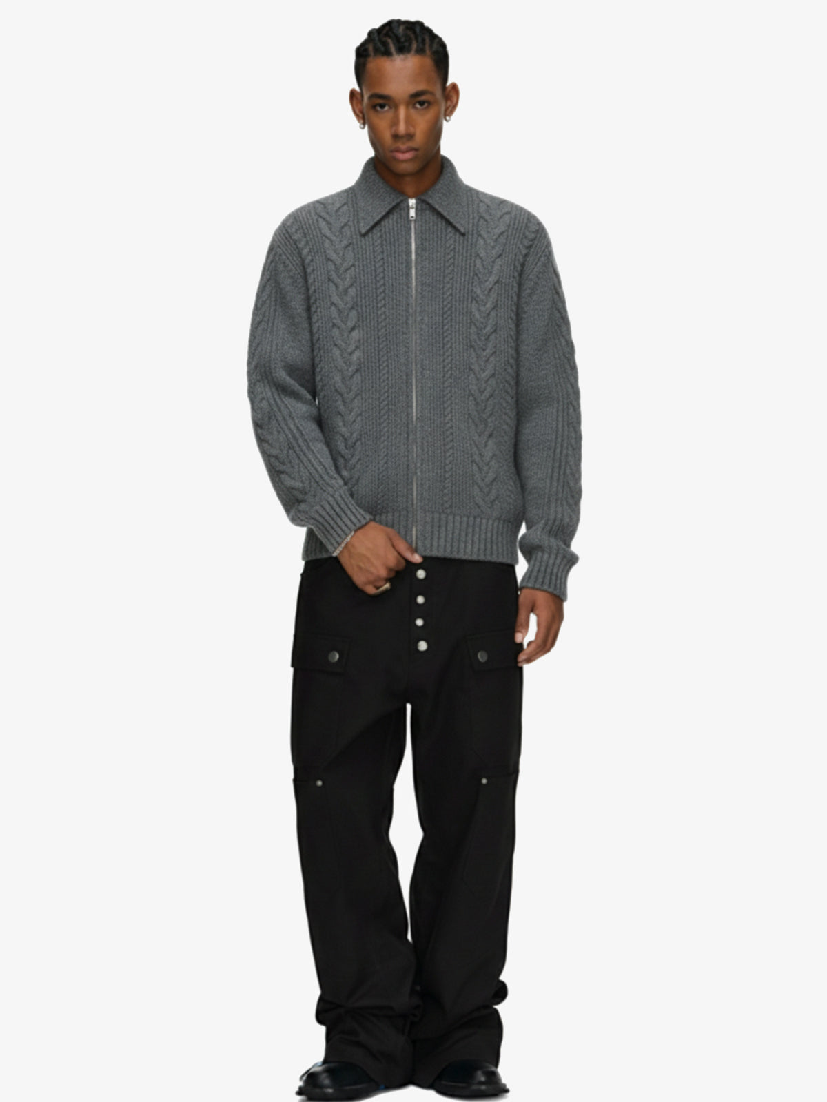 Knitted Vintage Floral Wheat Ear Pattern Double Zip Sweater