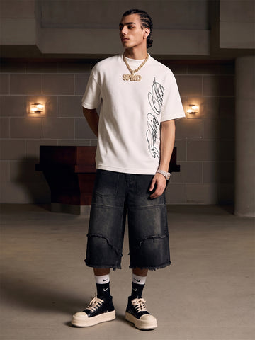 Frayed Layered Paneled Denim Jorts