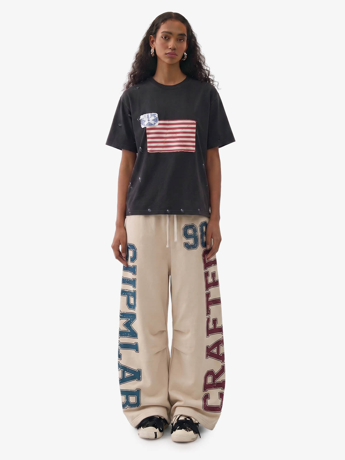Retro Color-Block Letter Print Baggy Pants 