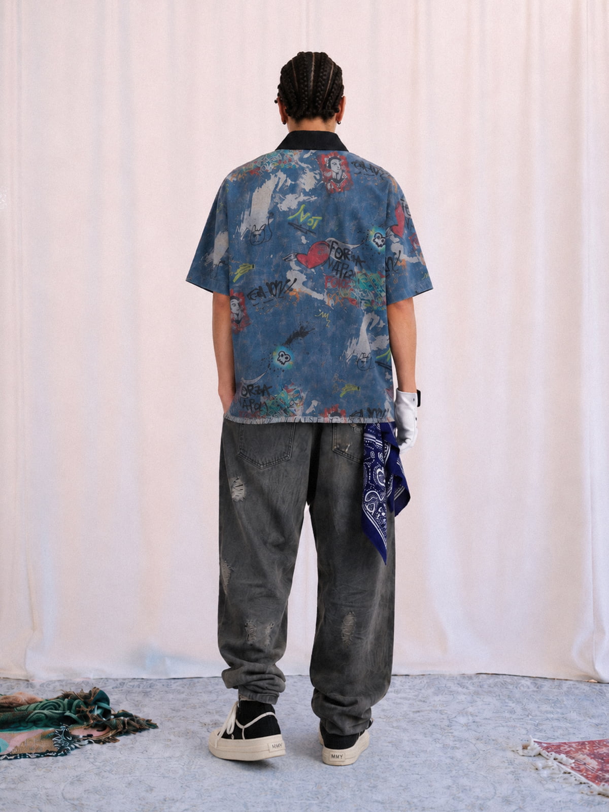 Tie-Dye Denim Graffiti Polo T-Shirt 