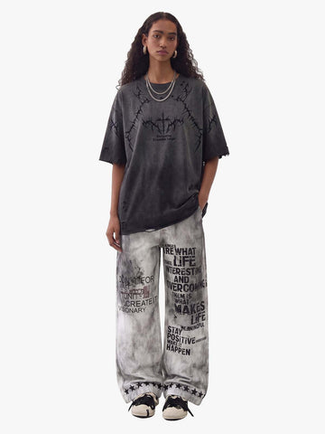 Distressed Dirty Wash Text Graphic Star Trim Straight Leg Pants 