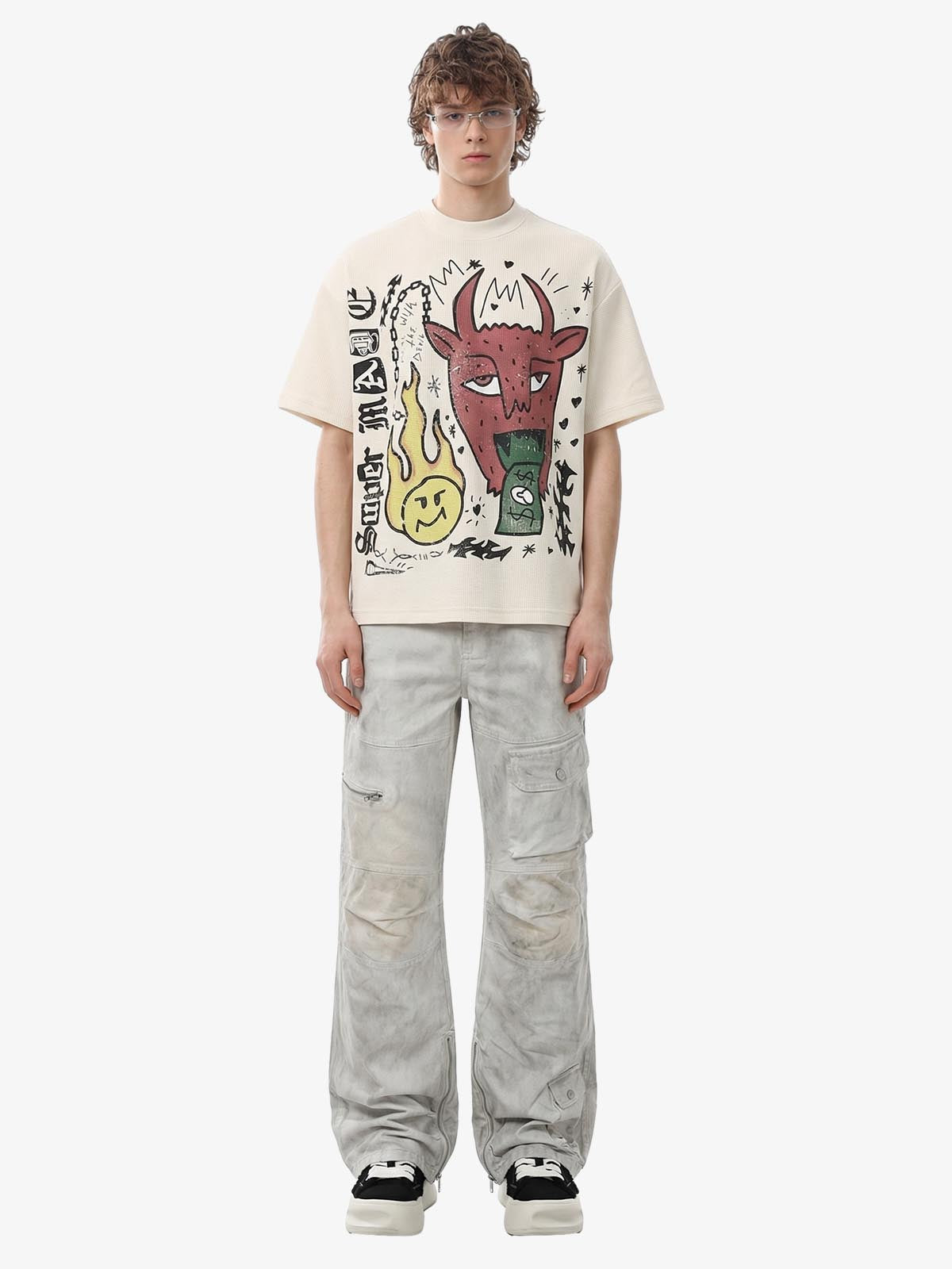 Waffle Knit Graffiti Devil Graphic Oversized T-Shirt 