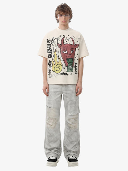 Waffle Knit Graffiti Devil Graphic Oversized T-Shirt 