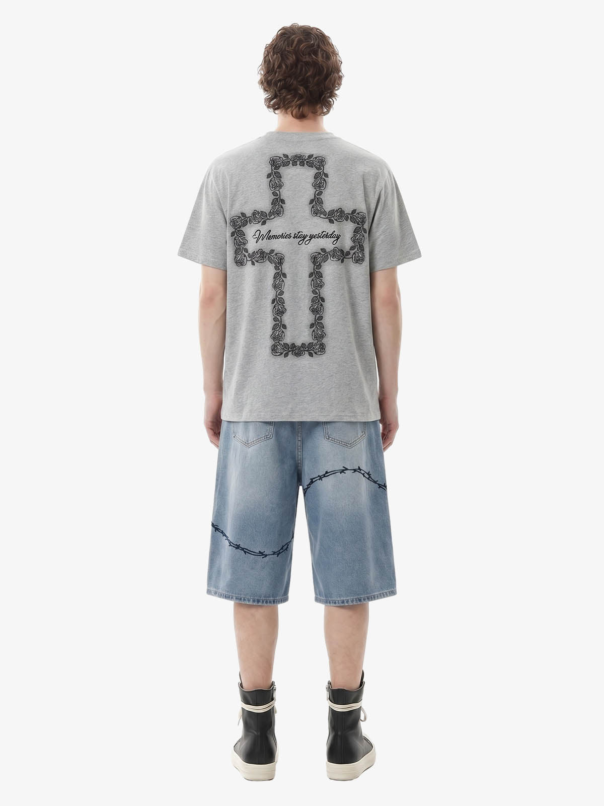 Vintage Barbed Wire Embroidery Distressed Washed Denim Jorts 