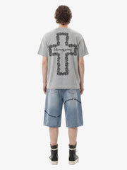 Vintage Barbed Wire Embroidery Distressed Washed Denim Jorts 