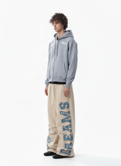 Retro Contrast Letter Print Fleece Wide-Leg Sweatpants 