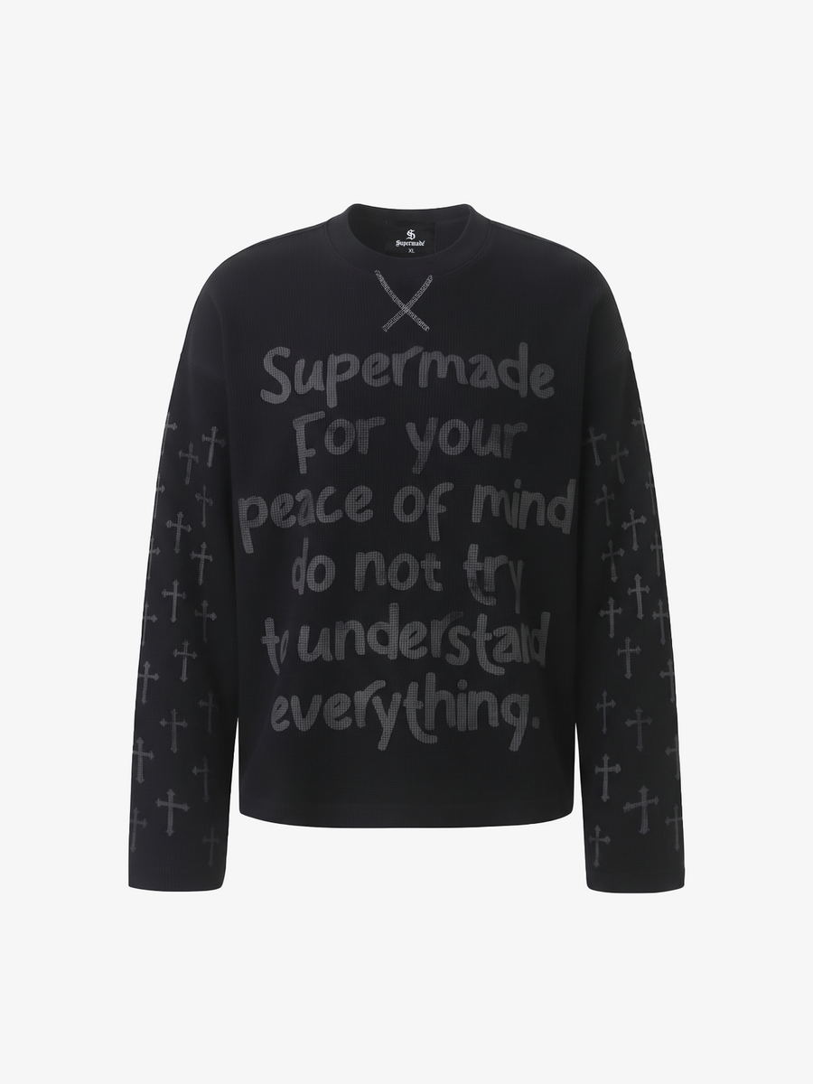 Slogan Graphic Waffle Long Sleeve Tee; Black / M, Black / L, Black / XL
