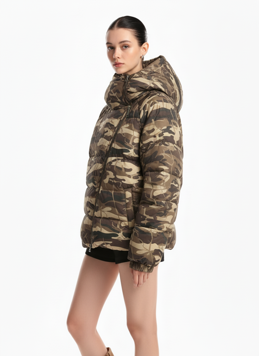 Retro Camouflage Asymmetric Zip-Up Down Jacket 