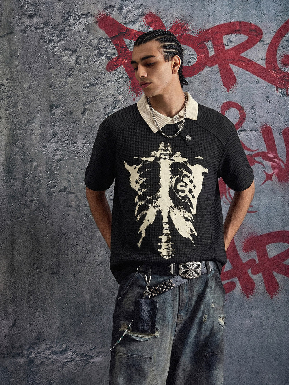 Skeleton Ribcage Graphic Print Asymmetric Button Polo Shirt 