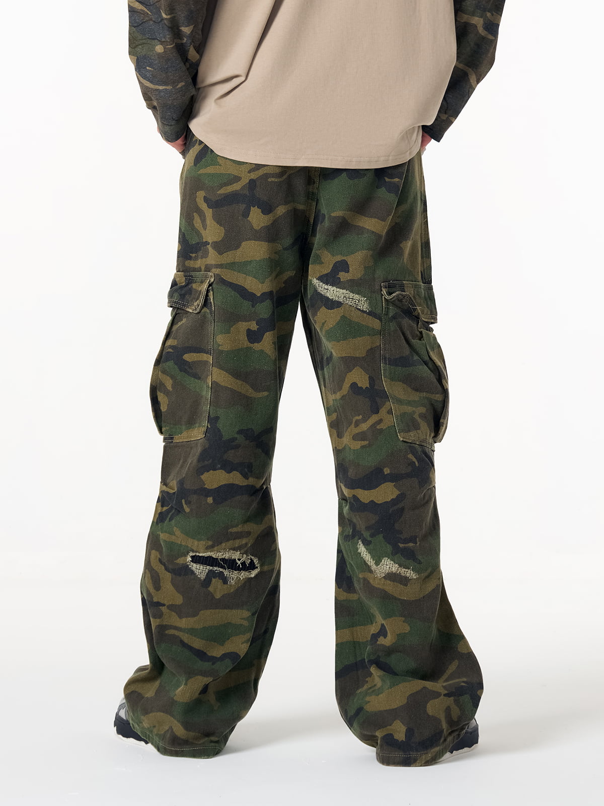 Ripped Camouflage Flared Cargo Pants - 2410 
