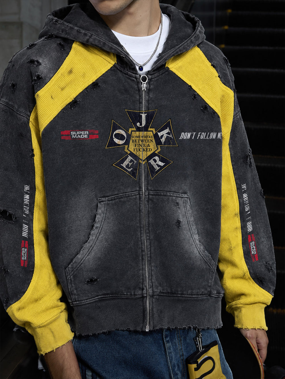 Gewaschener Distressed Colorblock Waffel-Zip-Hoodie