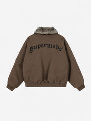 Chaqueta bomber extragrande desgastada con cuello de piel sintética bordado