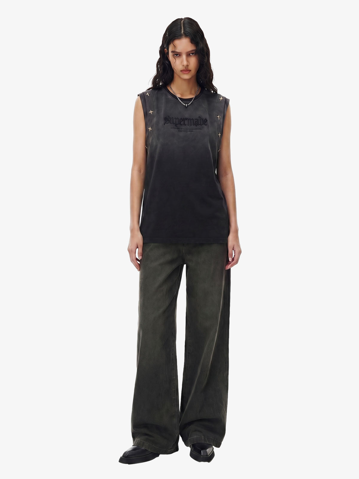 Jersey Knit Gradient Embroidered Stars Tank Top - 2461 