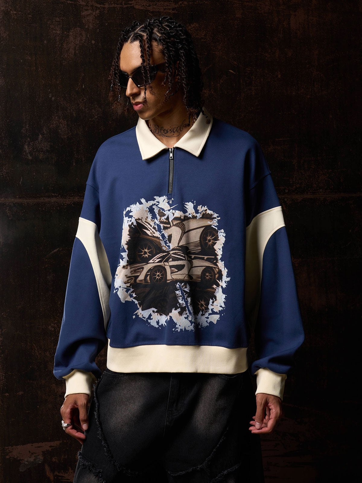 Original Racing Style Print Lapel Sweatshirt 
