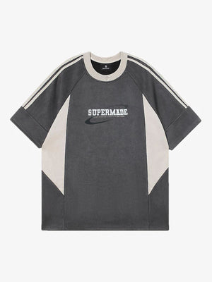 Suede Contrast Color Spliced Letter Embroidery Oversize T-shirt - 2462 