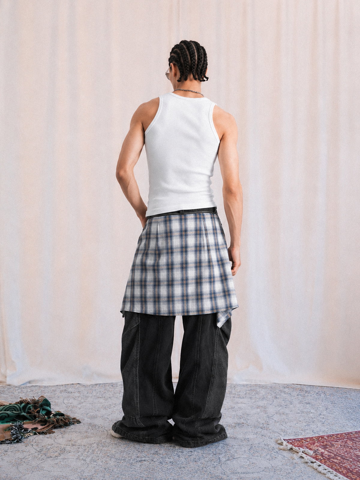 Denim Faux Two-piece Plaid Detachable Scimitar Jeans - 2435 