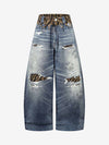 Denim Wide Leg Jeans with Tiger Print Patchwork and Ripped Details 