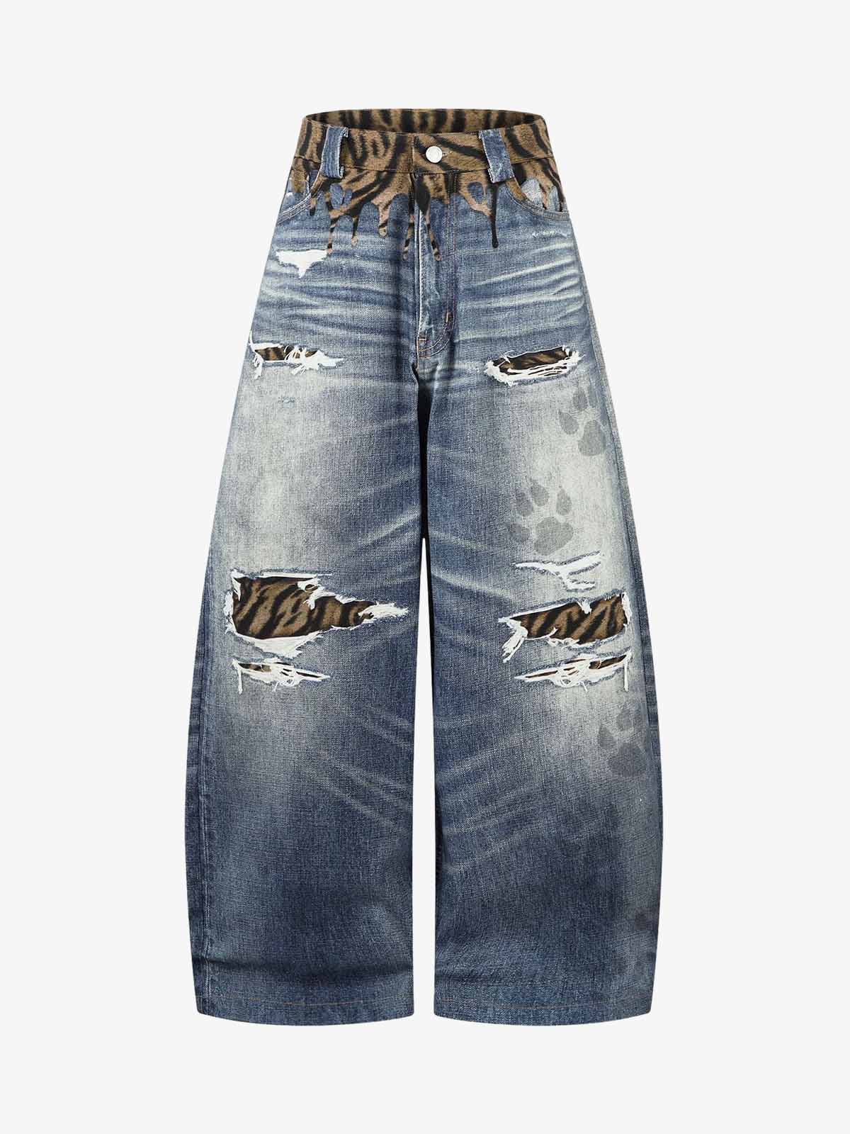 Denim Wide Leg Jeans with Tiger Print Patchwork and Ripped Details 