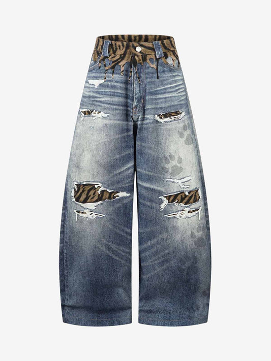 Denim Wide Leg Jeans with Tiger Print Patchwork and Ripped Details 