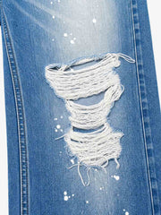 Leopard Knee-Detail Washed Distressed Straight-Leg Jeans