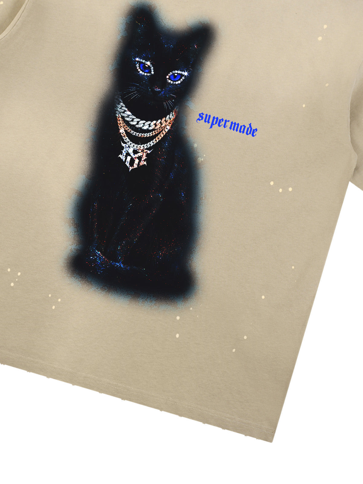 Cotton Black Cat Graphic T-Shirt with Chain Print and Splatter Design 