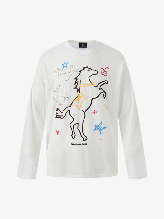 Hand-Drawn Pony Graphic Long Sleeve Tee