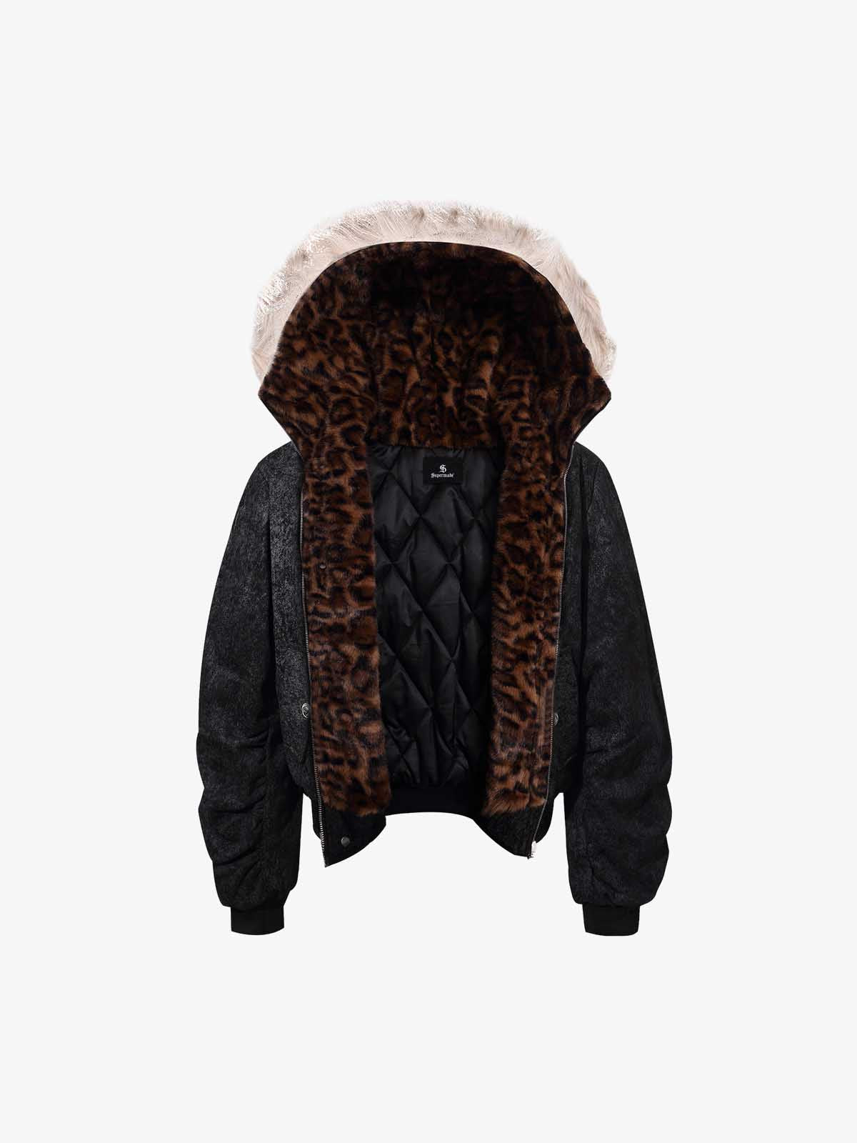 Leopard Panel Fur-Trim Hooded Bomber Jacket 