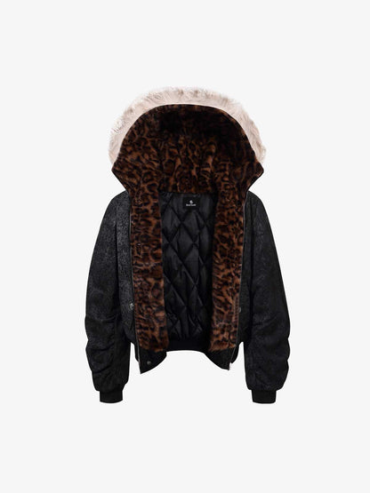 Leopard Panel Fur-Trim Hooded Bomber Jacket 