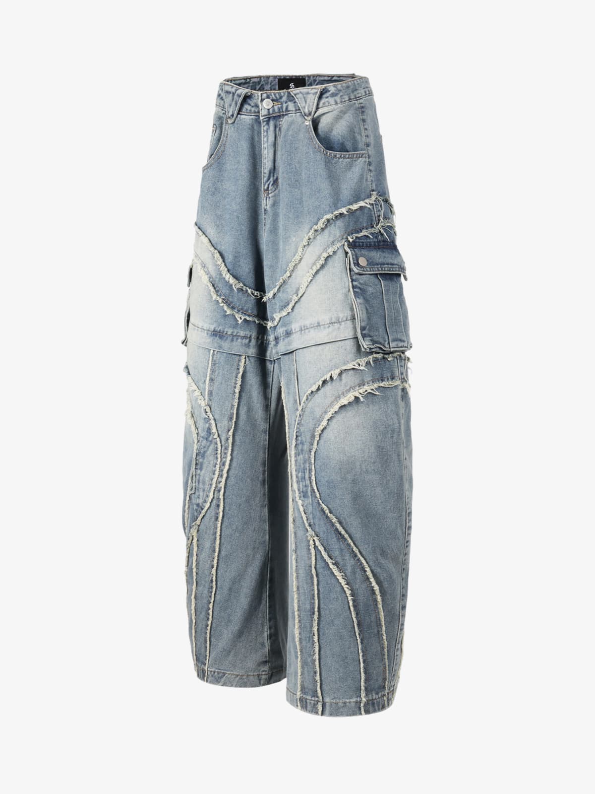 Retro Patchwork Frayed-Edge Heavy-Duty Jeans 