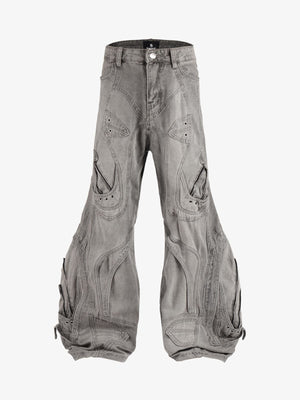 Vintage Distressed Curved Blade Barrel Jeans 