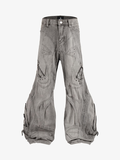 Vintage Distressed Curved Blade Barrel Jeans 