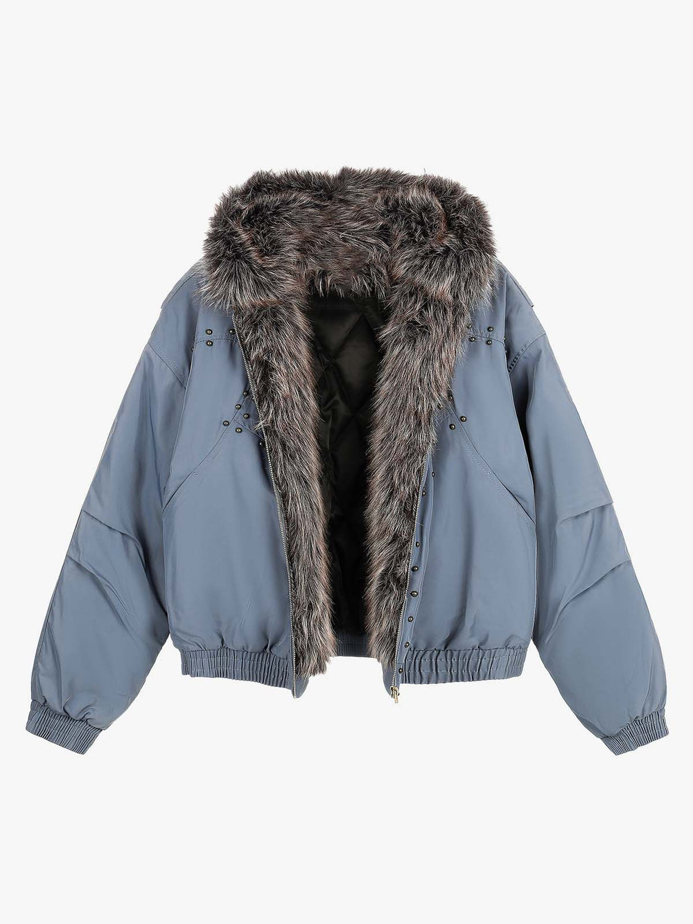 Studded Hooded Faux-Fur Collar Padded Coat