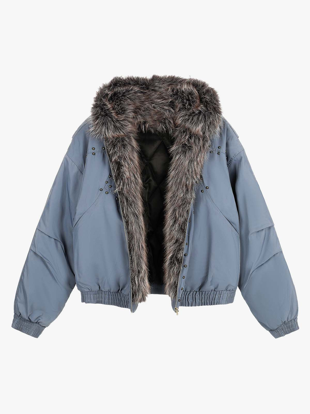 Studded Hooded Faux-Fur Collar Padded Coat