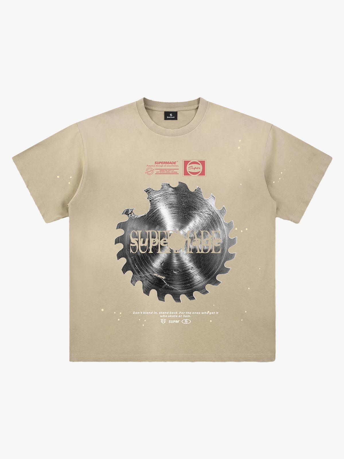 Thesupermade High-street Ink-splatter Wash Distressed Dark Damaged Gear Print T-shirt 