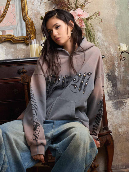 Supermade Vintage Distressed Studded Gothic Font Zipper Sweatshirt 
