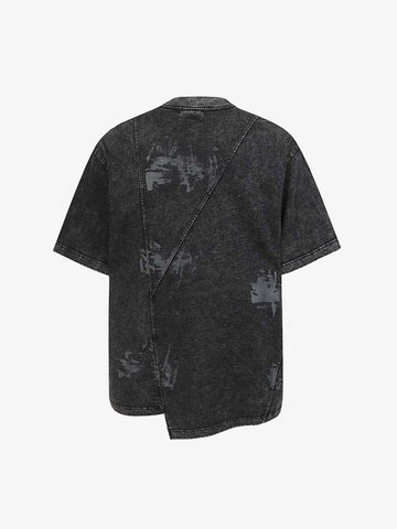 Denim Blend Oversized T-Shirt with Asymmetrical Hem and Patchwork Design 