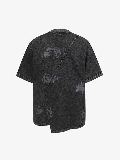 Denim Blend Oversized T-Shirt with Asymmetrical Hem and Patchwork Design 