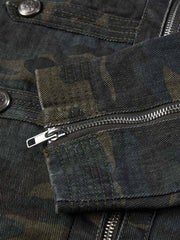 Distressed Camo Snap-Button Stand-Collar Jacket