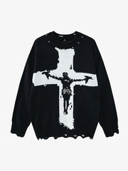 Cross Jacquard Ripped Long Sleeve Sweater
