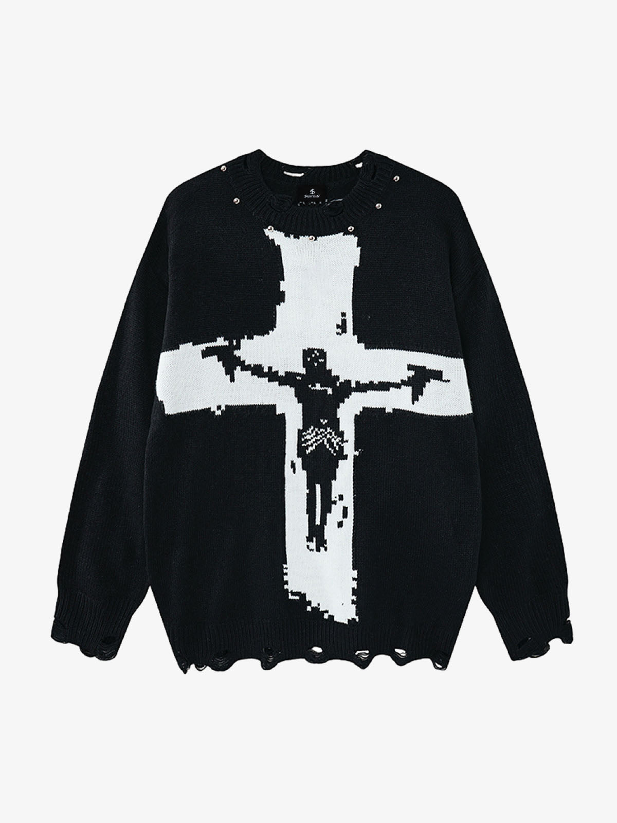 Cross Jacquard Ripped Long Sleeve Sweater